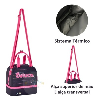 Mala térmica preta e cor-de-rosa com alças e texto 'Cutuco'