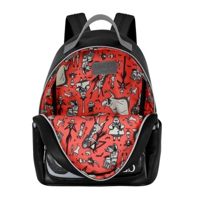 Mochila preta com interior vermelho e desenhos de personagens