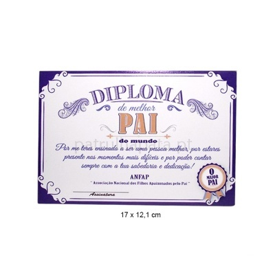 Diploma com texto de homenagem ao melhor pai do mundo em branco e roxo.