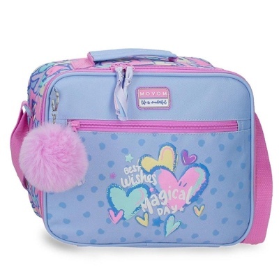Mala azul e rosa com padrão de bolinhas e corações coloridos e pendente de pêlo rosa
