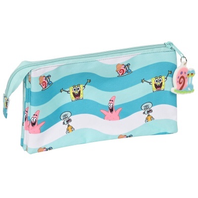 Estojo azul claro com personagens Bob Esponja e puxador em forma de caracol