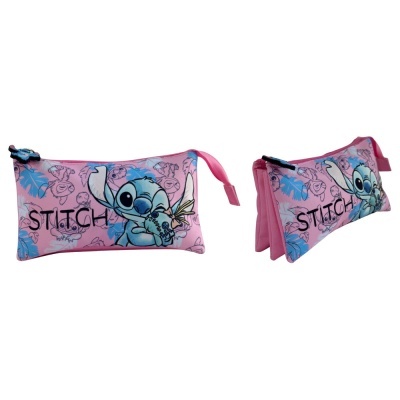 Estojo rosa com estampado do personagem Stitch e texto STITCH