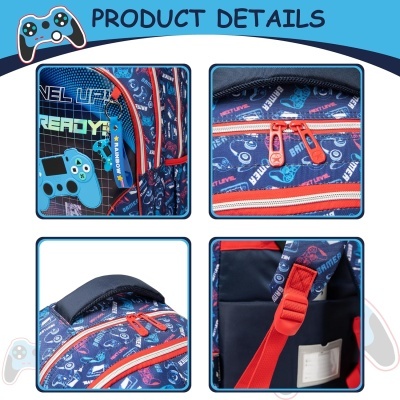 Mochila azul com desenhos e padrões de videojogos e zíperes vermelhos