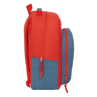 Mochila bicolor vermelho e azul vista de lado