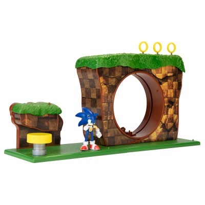 Figura de Sonic com plataforma e anéis amarelos