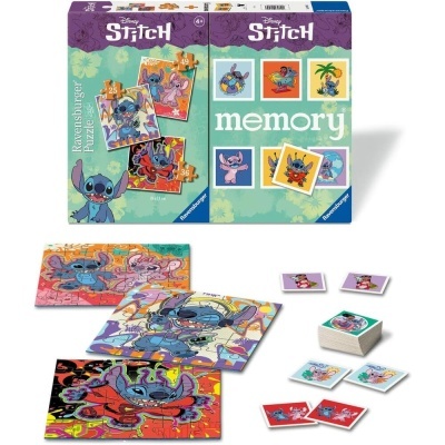 Brinquedo Disney Stitch da Ravensburger com puzzles e jogo de memória em caixa e peças espalhadas