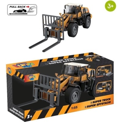 Carrinho de brinquedo 'Super Truck' amarelo com garfo frontal preto em caixa preta e amarela