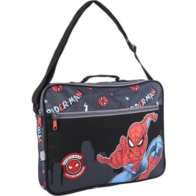 Mala infantil Spiderman azul escuro com alça de ombro e fechos vermelhos