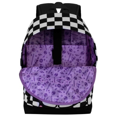 Mochila quadriculada preta e branca com interior roxo e padrão musical