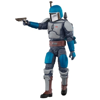 Figura de ação com armadura azul, cinzenta e castanha segurando uma pistola