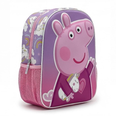 Mochila infantil rosa e roxa com estampa da Peppa Pig segurando um unicórnio