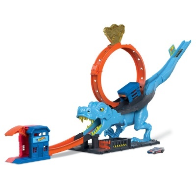 Brinquedo Hot Wheels com dinossauro azul e pista laranja em loop