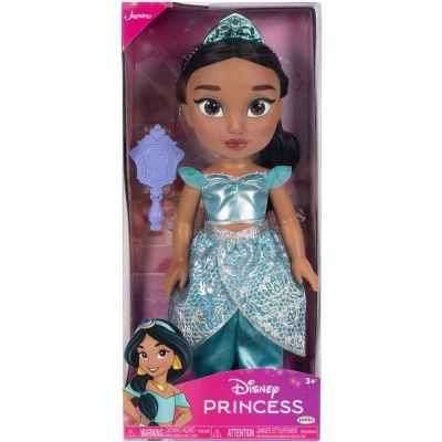 Boneca Jasmin da Disney Princess com vestido azul e acessórios em embalagem rosa