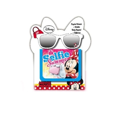 Relógio digital infantil da Disney com Minnie Mouse e texto 'Selfie Summer', em embalagem decorada