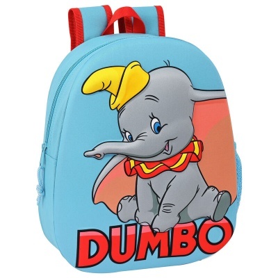 Mochila azul clara com desenho do elefante Dumbo e texto DUMBO