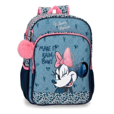 Mochila azul com estampado da Minnie Mouse, detalhes em rosa e pompom rosa