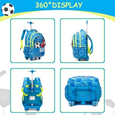 Mochila azul com rodas e alça extensível, padrão hexagonal e desenhos de futebol