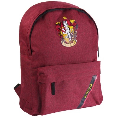 Mochila vermelha com emblema Gryffindor e texto H. POTTER