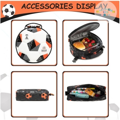 Acessórios com padrão de bolas de futebol laranja e preto, mochila térmica e estojo