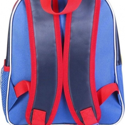 Mochila azul com alças vermelhas e azuis vista de trás