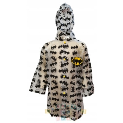 Capa de chuva infantil transparente com padrão Batman preto e amarelo e botões amarelos