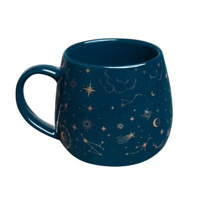 Caneca azul escuro com padrão de constelações douradas