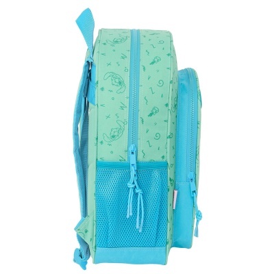 Mochila infantil azul e verde água com bolso frontal e lateral