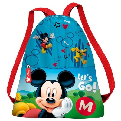Mochila de cordão azul com estampa do Mickey Mouse e texto 'Let's Go!'.