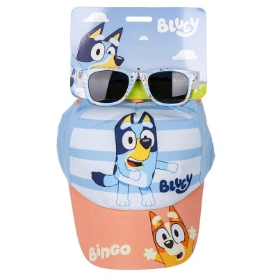 Boné infantil azul claro com personagens Bluey e Bingo, óculos de sol azuis