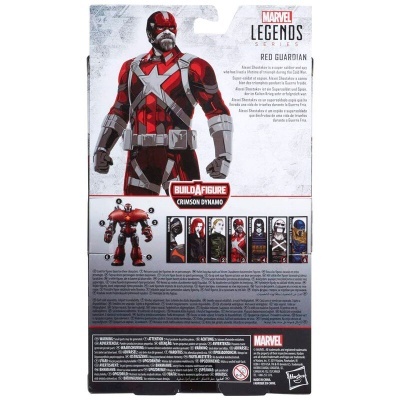 Embalagem da figura de ação Marvel Legends Red Guardian com texto e logotipos