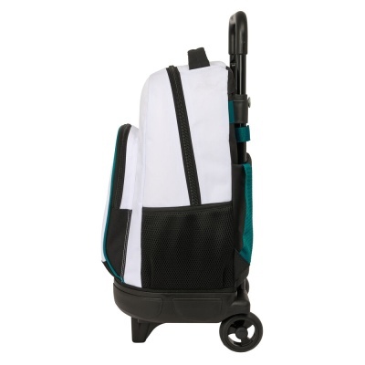 Mochila escolar branca, preta e verde com rodinhas e puxador extensível vista lateral