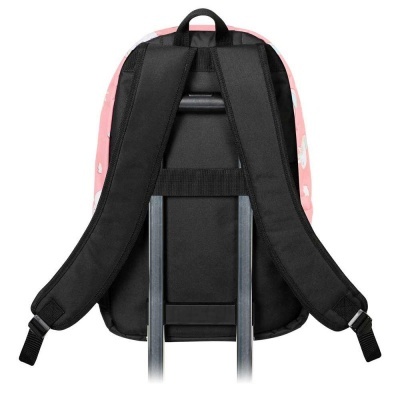 Mochila rosa com alças pretas e faixa para mala