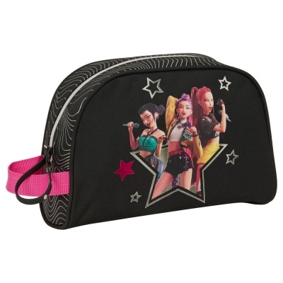 Necessaire preta com imagem de três personagens femininas animadas e alça rosa