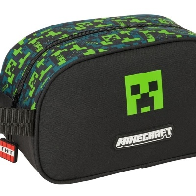 Necessaire Minecraft preta e azul com padrão pixelado verde e logo