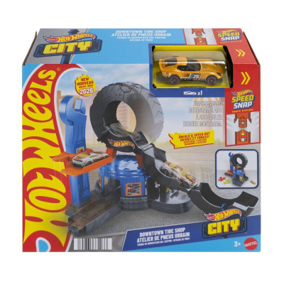 Brinquedo Hot Wheels City Downtown Tire Shop com pista e carrinhos de corrida