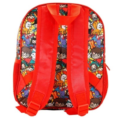 Mochila colorida com padrão cartoon e alças vermelhas acolchoadas