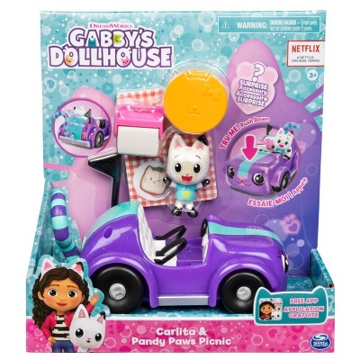 Brinquedo Gabby's Dollhouse Carlita com carrinho roxo e figura em embalagem colorida