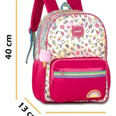 Mochila infantil colorida com desenhos e bolso rosa com fecho e etiqueta 'HAPPY'