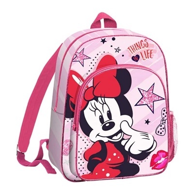 Mochila infantil rosa com estampa da Minnie Mouse e detalhes em estrelas