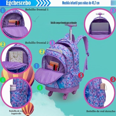 Mochila infantil roxa com padrão de escamas azuis e lilás, várias divisórias e bolsos e pega para transporte