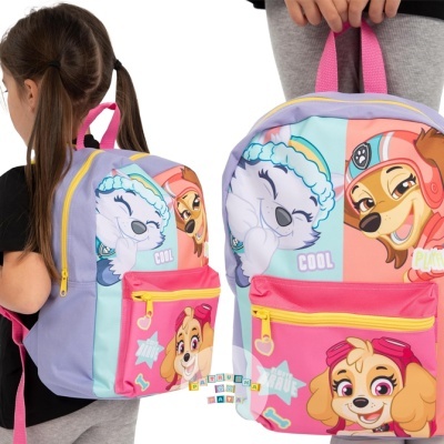 Mochila infantil colorida com personagens de desenho animado e zíper amarelo