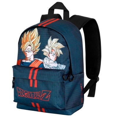 Mochila azul escura com estampa Dragon Ball Z e riscas vermelhas