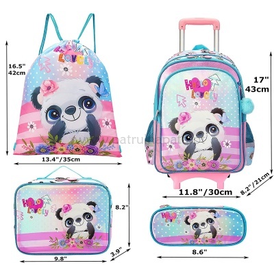 Conjunto escolar com mochila de panda, saco de cordão, estojo grande e pequeno, cores azul, rosa e lilás