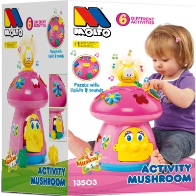 Brinquedo infantil plástico rosa e amarelo com formato de cogumelo com carinha e etiquetas