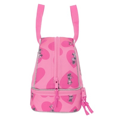 Mochila infantil rosa com padrão de corações e coelhinhos e fecho de correr duplo.