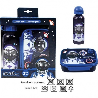 Conjunto de almoço com garrafa e caixa de alumínio azul decorado com astronauta