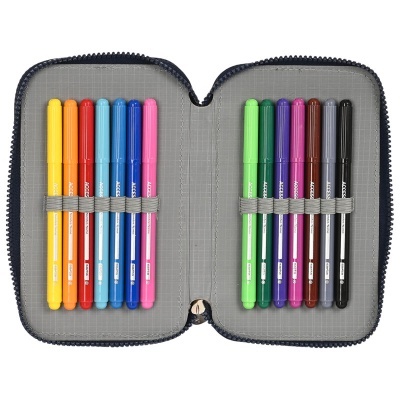 Estojo aberto com 12 canetas coloridas dentro