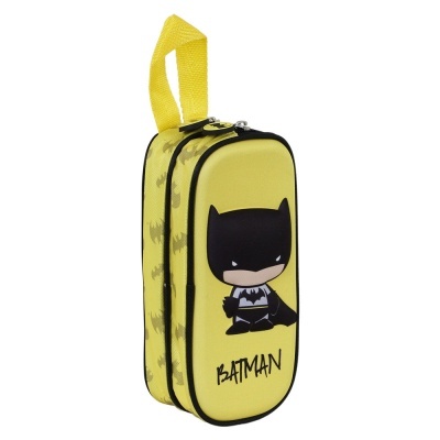 Estojo escolar amarelo com estampa de Batman e zíper preto