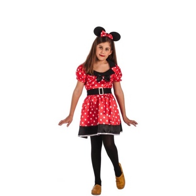 Criança com fato vermelho de Minnie Mouse com bolas brancas e acessórios pretos