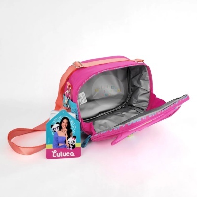 Bolsa térmica rosa e lilás com alça laranja e interior cinzento aberto
